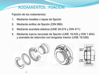 RODAMIENTOS . FIJACIÓN
Fijación de los rodamientos:
1. Mediante resaltes o tapas de fijación
2. Mediante anillos de fijación (DIN 988)
3. Mediante arandela elástica (UNE 26.074 y DIN 471)
4. Mediante tuerca ranurada de fijación (UNE 18.035 y DIN 1.804)
   y arandela de retención con lengüeta interior (UNE 18.036)




           17
 