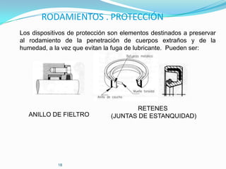 RODAMIENTOS . PROTECCIÓN
Los dispositivos de protección son elementos destinados a preservar
al rodamiento de la penetración de cuerpos extraños y de la
humedad, a la vez que evitan la fuga de lubricante. Pueden ser:




                                      RETENES
   ANILLO DE FIELTRO           (JUNTAS DE ESTANQUIDAD)




             18
 