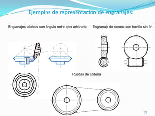 Ejemplos de representación de engranajes:

Engranajes cónicos con ángulo entre ejes arbitrario   Engranaje de corona con tornillo sin fin




                                         Ruedas de cadena




                                                                                        26
 