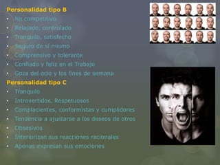 Personalidad tipo B
• No competitivo
• Relajado, controlado
• Tranquilo, satisfecho
• Seguro de sí mismo
• Comprensivo y tolerante
• Confiado y feliz en el Trabajo
• Goza del ocio y los fines de semana
Personalidad tipo C
• Tranquilo
• Introvertidos, Respetuosos
• Complacientes, conformistas y cumplidores
• Tendencia a ajustarse a los deseos de otros
• Obsesivos
• Interiorizan sus reacciones racionales
• Apenas expresan sus emociones
 