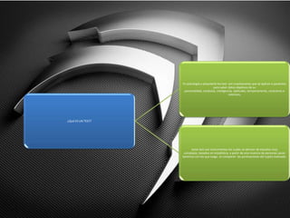 ¿Qué ES UN TEST?
En psicología y psiquiatría los test son cuestionarios que se aplican a pacientes
para saber datos objetivos de su
personalidad, conducta, inteligencia, aptitudes, temperamento, caracteres e
intereses,
estos test son instrumentos los cuales se derivan de estudios muy
complejos, basados en estadística, a partir de una muestra de personas sacan
baremos con los que luego se comparan las puntuaciones del sujeto evaluado.
 