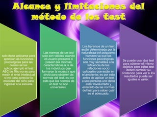 solo debe aplicarse para
apreciar las funciones
psicológicas para las
cuales se las
aplica, ejemplo el test
ABC de filho no es para
medir el nivel intelectual
si no para apreciar la
madurez del niño para
ingresar a la escuela.
Las normas de un test
solo son válidas cuando
el usuario presenta o
poseen las mismas
características a la de
los individuos que
formaron la muestra que
sirvió para obtener las
normas del test, es por
esto que las normas de
un test no son
universales.
Los baremos de un test
están determinado por la
naturaleza del psiquismo
humano ya que las
funciones psicológicas
son muy sensibles a la
influencia de las
relaciones socio
culturales que están en
el ambiente; es por esto
antes de aplicar un test
a una persona uno debe
estar involucrado y
enterado de las normas
del test para saber cuál
es el adecuado.
Se puede usar dos test
para obtener el mismo
objetivo pero estos test
deben cambiar su
contenido para ver si los
resultados puede ser
iguales o variar.
 
