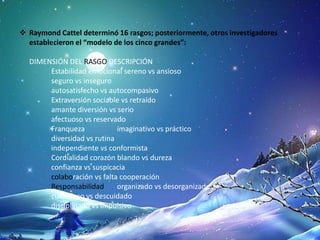  Raymond Cattel determinó 16 rasgos; posteriormente, otros investigadores
establecieron el “modelo de los cinco grandes”:
DIMENSIÓN DEL RASGO DESCRIPCIÓN
Estabilidad emocional sereno vs ansioso
seguro vs inseguro
autosatisfecho vs autocompasivo
Extraversión sociable vs retraído
amante diversión vs serio
afectuoso vs reservado
Franqueza imaginativo vs práctico
diversidad vs rutina
independiente vs conformista
Cordialidad corazón blando vs dureza
confianza vs suspicacia
colaboración vs falta cooperación
Responsabilidad organizado vs desorganizado
cuidadoso vs descuidado
disciplinado vs impulsivo
 