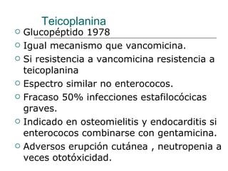 Teicoplanina Glucopéptido 1978 Igual mecanismo que vancomicina. Si resistencia a vancomicina resistencia a teicoplanina Espectro similar no enterococos. Fracaso 50% infecciones estafilocócicas graves. Indicado en osteomielitis y endocarditis si enterococos combinarse con gentamicina.  Adversos erupción cutánea , neutropenia a veces ototóxicidad. 