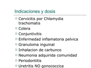 Indicaciones y dosis Cervicitis por Chlamydia trachomatis Colera Conjuntivitis Enfermedad inflamatoria pelvica Granuloma inguinal Inhalacion de carbunco Neumonia adquirida comunidad Periodontitis Uretritis NO gonococcica 