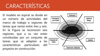CARACTERÍSTICAS
El modelo en espiral se divide en
un número de actividades del
marco de trabajo o regiones de
tareas que varían entre tres y seis.
En la Figura se reconocen seis
regiones, que a su vez están
constituidas por un conjunto de
tareas que se adaptan a las
características particulares del
proyecto en construcción.
 