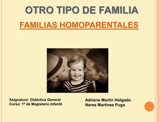 OTRO TIPO DE FAMILIA
      FAMILIAS HOMOPARENTALES




Asignatura: Didáctica General      Adriana Martín Holgado
Curso: 1º de Magisterio Infantil   Nerea Martínez Puga
 