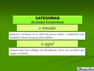 CATEGORIAS
                   da poesia trovadoresca
                          o trovador
pertencia à nobreza ou ao clero era poeta, cantor e compositor cuja
qualidade cultural requeria seleto público.

                            o segrel
Origem mais baixa (fidalgo em decadência), talvez um escudeiro que
seguia a cavalaria.
 