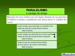 PARALELISMO
                       a cantiga de amigo
Repetição do verso inicial, com uma ligeira alteração de sua parte final.
O objetivo é manter o paralelismo sem alterar muito os sentidos dos
versos.
            Levad’ amigo, quer dormides as manhãas frias;
            todas-las aves do mundo d’amor diziam:
                 leda m’and’eu.
            Levad’ amigo, que dormide-las as frias manhãas;
            todas-las aves do mundo d’amor cantavam:
                 leda m’and’eu.
            Toda-las aves do mundo d’amor dizian;
            do meu amor e do voss’en ment’avian:
                 leda m’and’eu.
 