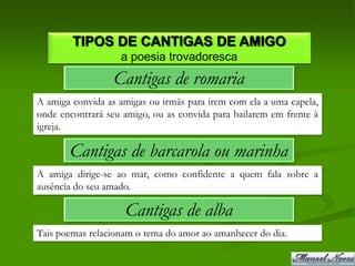 TIPOS DE CANTIGAS DE AMIGO
                   a poesia trovadoresca
                  Cantigas de romaria
A amiga convida as amigas ou irmãs para irem com ela a uma capela,
onde encontrará seu amigo, ou as convida para bailarem em frente à
igreja.

       Cantigas de barcarola ou marinha
A amiga dirige-se ao mar, como confidente a quem fala sobre a
ausência do seu amado.

                    Cantigas de alba
Tais poemas relacionam o tema do amor ao amanhecer do dia.
 