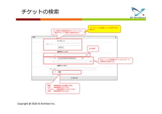 Copyright @ 2020 IO Architect Inc.
よく使用する検索条件をテンプレートとし
て保存することで簡単に検索出来ます。
テンプレートは各個人ごとに作成する仕
様です。
各フィールドを登録されているマスターで
検索条件を指定する。
標準: 検索結果をWeb画面に表示
CSV: 検索結果をCSVで出力
エクセル: 検索結果をエクセルで出力
印刷: 検索結果をPDFで出力
全文検索
チケットの検索
 