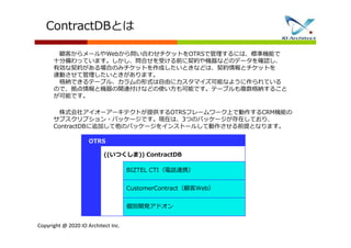 Copyright @ 2020 IO Architect Inc.
ContractDBとは
株式会社アイオーアーキテクトが提供するOTRSフレームワーク上で動作するCRM機能の
サブスクリプション・パッケージです。現在は、3つのパッケージが存在しており、
ContractDBに追加して他のパッケージをインストールして動作させる前提となります。
CAM Add-ons
OTRS
BIZTEL CTI（電話連携）
((いつくしま)) ContractDB
CustomerContract（顧客Web）
個別開発アドオン
顧客からメールやWebから問い合わせチケットをOTRSで管理するには、標準機能で
十分備わっています。しかし、問合せを受ける前に契約や機器などのデータを確認し、
有効な契約がある場合のみチケットを作成したいときなどは、契約情報とチケットを
連動させて管理したいときがあります。
格納できるテーブル、カラムの形式は自由にカスタマイズ可能なように作られている
ので、拠点情報と機器の関連付けなどの使い方も可能です。テーブルも複数格納すること
が可能です。
 