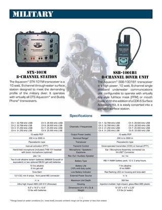 Military




           STX-101M                                                                                           SSB-1001B1
       8-Channel Station                                                                                 8-Channel Diver Unit
The Aquacom® STX-101M transceiver is a                                                               The Aquacom® SSB-1001B1 transceiver
10 watt, 8-channel through-water surface                                                             is a high power, 10 watt, 8-channel single
station designed to meet the demanding                                                               sideband underwater communications
profile of the military diver. It operates                                                           unit configurable to operate with virtually
with virtually all OTS Aquacom® and Buddy                                                            any style full-face mask (FFM) or mouth
Phone® transceivers.                                                                                 mask. With the addition of a CDK-6 Surface
                                                                                                     Accessory Kit, it is easily converted into a
                                                                                                     portable surface station.

                                                                     Specifications
 Ch 1: 32.768 kHz USB	                Ch 5: 28.500 kHz USB                                            Ch 1: 32.768 kHz USB	             Ch 5: 28.500 kHz USB
 Ch 2: 32.768 kHz LSB	                Ch 6: 28.500 kHz LSB                                            Ch 2: 32.768 kHz LSB	             Ch 6: 28.500 kHz LSB
                                                                     Channels / Frequencies
 Ch 3: 31.250 kHz USB	               Ch 7: 25.000 kHz USB                                             Ch 3: 31.250 kHz USB	             Ch 7: 25.000 kHz USB
 Ch 4: 31.250 kHz LSB	                Ch 8: 25.000 kHz LSB                                            Ch 4: 31.250 kHz LSB	             Ch 8: 25.000 kHz LSB
                       10 watts PEP                                   Output Power (watts)                                 10 watts PEP
                      200 m to 3000 m                                    Nominal Range*                                  200 m to 3000 m
                     Piezoelectric type                                    Transducer                                    Piezoelectric type
                  manual activation (PTT)                               Transmit Control                 Voice-operated transmitter (VOX) or manual (PTT)
   Hand-held microphone (included);THB-101 headset                  Microphone / Speakers /                   Ear / Microphone Assembly connected via
           with boom microphone (optional)                                Earphone                                       Hi-USE® Connector
                          yes / no                                 Rec Out / Auxiliary Speaker                                no / no
 Two 6-volt alkaline lantern batteries (MN908 Duracell or
                                                                           Battery Type                     RB-11 NiMH battery pack, 12 V, 2 amp-hours.
   equivalent) or two optional RB-6V gel-cell batteries
                       10 hrs alkaline                                    Battery Life                                     7 hrs alkaline
                        6 hrs gel-cell                                (10% xmit duty cycle)                                 8 hrs NiMH
                         Tone Alert                                   Low Battery Indicator                  Red flashing LED on housing and tone alert
     12 V DC min 9 amps; front panel MS connector                    External Power Source                                      n/a

                            n/a                                       Maximum Unit Depth                                      300 fsw
        Ultra high impact ABS (UK 613 Ultracase)                             Housing                   Injection-molded, high-impact, glass-filled ABS plastic
                    6.5” x 14.0” x 10.6”                           Dimensions (H x W x D) &                             8.125” x 4.5” x 2.25”
                    12 lbs with batteries                                  Weight                                         0.5 lbs (in water)


                                                                               14
*Range based on water conditions (i.e., noise level); acoustic ambient range can be greater or less than stated.
 