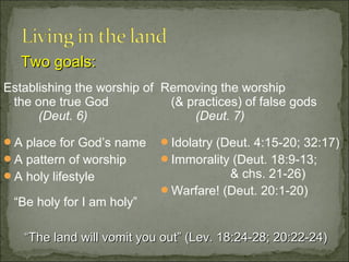 Two goals:
Establishing the worship of Removing the worship
 the one true God            (& practices) of false gods
      (Deut. 6)                  (Deut. 7)

A place for God’s name     Idolatry (Deut. 4:15-20; 32:17)
A pattern of worship       Immorality (Deut. 18:9-13;
A holy lifestyle                      & chs. 21-26)
                            Warfare! (Deut. 20:1-20)
 “Be holy for I am holy”

   “The land will vomit you out” (Lev. 18:24-28; 20:22-24)
 