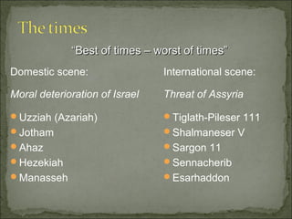“Best of times – worst of times”
Domestic scene:                 International scene:

Moral deterioration of Israel   Threat of Assyria

Uzziah (Azariah)               Tiglath-Pileser 111
Jotham                         Shalmaneser V
Ahaz                           Sargon 11
Hezekiah                       Sennacherib
Manasseh                       Esarhaddon
 