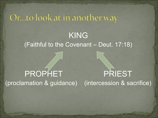 KING
      (Faithful to the Covenant – Deut. 17:18)



      PROPHET                      PRIEST
(proclamation & guidance)   (intercession & sacrifice)
 