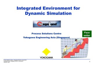 Integrated Environment for
Dynamic Simulation

Process Solutions Centre
Yokogawa Engineering Asia (Singapore)

Public Relations Dept., Yokogawa Electric Corporation
Copyright © by Yokogawa Electric Corporation
January, 2005

Pace
setter

1

 