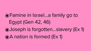 ๏Famine in Israel…a family go to
Egypt (Gen 42, 46)
๏Joseph is forgotten…slavery (Ex 1)
๏A nation is formed (Ex 1)
 