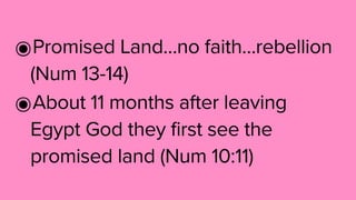 ๏Promised Land…no faith…rebellion
(Num 13-14)
๏About 11 months after leaving
Egypt God they first see the
promised land (Num 10:11)
 