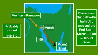 Goshen—Ramases
Marah
Elim
Mount
Sinai
Probably
around
1446 B.C.
Rameses—
Succoth—Pi-
hahiroth,
crossed the
Red Sea—
Marah—Elim
— Mount
Sinai.
 