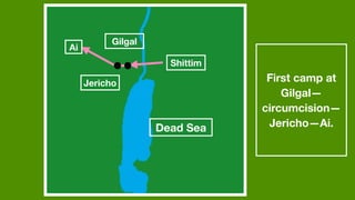 Dead Sea
Shittim
Gilgal
Jericho
Ai
First camp at
Gilgal—
circumcision—
Jericho—Ai.
 