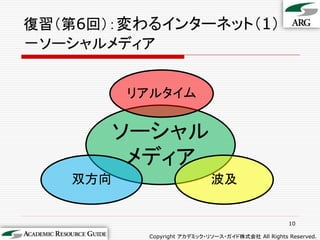 復習（第6回）：変わるインターネット（1）
－ソーシャルメディア


         リアルタイム


         ソーシャル
          メディア
   双方向                      波及


                                                   10

          Copyright アカデミック・リソース・ガイド株式会社 All Rights Reserved.
 