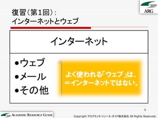 復習（第1回）：
インターネットとウェブ

       インターネット

•ウェブ
•メール    よく使われる「ウェブ」は、
        ＝インターネットではない。
•その他
                                                    5

          Copyright アカデミック・リソース・ガイド株式会社 All Rights Reserved.
 