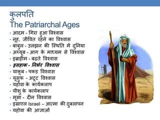 कु लपति
The Patriarchal Ages
• आदम - गिरा हुआ ववश्वास
• नूह, जीववि रहने का ववश्वास
• बाबुल - उलझन की स्थिति में दुतनया
• अय्यूब - आि के माध्यम से ववश्वास
• इब्राहीम - बढ़िे ववश्वास
• इसहाक - तनभभर विश्िास
• याकू ब - पकड़ ववश्वास
• यूसुफ - अटूट ववश्वास
• यहोवा के कायककलाप
• यीशु के कायककलाप
• मूसा - दीन ववश्वास
• इस्राएल Israel – आत्मा की दुबलापन
• यहोवा की आज्ञाओं
 