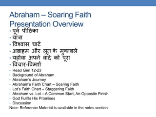 Abraham – Soaring Faith
Presentation Overview
• पूवक पीठिका
• यात्रा
• ववश्वास चाटक
• अब्राहम और लूि के मुकाबले
• यहोवा अपने वादे को पूरा
• ववचार-ववमशक
• Read Gen 12-23
• Background of Abraham
• Abraham’s Journey
• Abraham’s Faith Chart – Soaring Faith
• Lot’s Faith Chart – Staggering Faith
• Abraham vs. Lot – A Common Start, An Opposite Finish
• God Fulfils His Promises
• Discussion
Note: Reference Material is available in the notes section
 