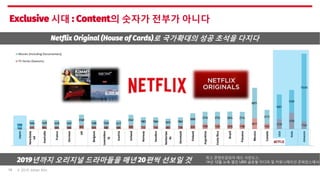 © 2015 Johan Kim18
Exclusive 시대 : Content의 숫자가 전부가 아니다
Netflix Original (House of Cards)로 국가확대의 성공 초석을 다지다
2019년까지 오리지널 드라...