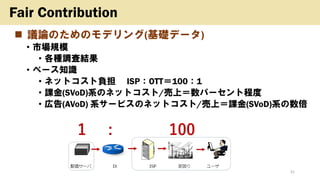 ◼ 議論のためのモデリング(基礎データ)
• 市場規模
• 各種調査結果
• ベース知識
• ネットコスト負担 ISP：OTT＝100：1
• 課金(SVoD)系のネットコスト/売上＝数パーセント程度
• 広告(AVoD) 系サービスのネットコスト/売上＝課金(SVoD)系の数倍
31
Fair Contribution
 