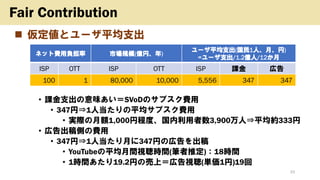 ◼ 仮定値とユーザ平均支出
• 課金支出の意味あい＝SVoDのサブスク費用
• 347円⇒1人当たりの平均サブスク費用
• 実際の月額1,000円程度、国内利用者数3,900万人⇒平均約333円
• 広告出稿側の費用
• 347円⇒1人当たり月に347円の広告を出稿
• YouTubeの平均月間視聴時間(筆者推定)：18時間
• 1時間あたり19.2円の売上＝広告視聴(単価1円)19回
33
Fair Contribution
ネット費用負担率 市場規模(億円、年)
ユーザ平均支出(国民1人、月、円)
=ユーザ支出/1.2億人/12か月
ISP OTT ISP OTT ISP 課金 広告
100 1 80,000 10,000 5,556 347 347
 