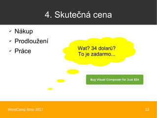 WordCamp Brno 2017 13
4. Skutečná cena
✔
Nákup
✔
Prodloužení
✔
Práce Wat? 34 dolarů?
To je zadarmo...
 