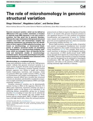 The role of microhomology in genomic
structural variation
Diego Ottaviani*
, Magdalena LeCain*
, and Denise Sheer
Blizard Institute, Barts and The London School of Medicine and Dentistry, Queen Mary University of London, London, E1 2AT, UK
Genomic structural variation, which can be deﬁned as
differences in the copy number, orientation, or location
of relatively large DNA segments, is not only crucial in
evolution, but also gives rise to genomic disorders.
Whereas the major mechanisms that generate structural
variation have been well characterised, insights into
additional mechanisms are emerging from the identiﬁ-
cation of short regions of DNA sequence homology, also
known as microhomology, at chromosomal break-
points. In addition, functional studies are elucidating
the characteristics of microhomology-mediated path-
ways, which are mutagenic. Here, we describe the fea-
tures and mechanistic models of microhomology-
mediated events, discuss their physiological and patho-
logical signiﬁcance, and highlight recent advances in this
rapidly evolving ﬁeld of research.
Microhomology as a mutational signature
Large-scale population studies, such as the ‘1000 genomes
project’, indicate that genomic structural variation is a
major source of genetic diversity among individuals and
populations [1,2]. Structural variation typically involves
genomic segments over 100 bp in length and includes
tandem duplications, insertions, and inversions, which
can generate DNA copy number variants (CNVs), as well
as translocations and complex rearrangements [3]. These
ambitious research efforts have revealed that structural
variants are abundant, and should be considered as impor-
tant as single nucleotide polymorphisms (SNPs) and single
nucleotide variation [1,4].
Germline structural variation can be phenotypically
neutral, having no effect on the organism. However, if it
affects gene expression, structural variation can have a
signiﬁcant impact on the ﬁtness of an individual [5] by
conferring disease susceptibility, giving rise to human
disorders [6] or leading to traits that can be selected for
if beneﬁcial [5,7]. For example, the copy number of the
human salivary amylase gene, AMY1, is higher in popula-
tions with high starch diets, where the increased amylase
protein levels are likely to improve the digestion of starchy
foods [8]. In somatic cells, genomic structural variation is
also signiﬁcant because it is a key mediator of neoplastic
transformation and progression of cancer [9]. Further-
more, somatic structural variation has a normal physiolo-
gical role at immunoglobulin gene loci, where it is essential
for generating antibody diversity [10].
Recent high-resolution sequencing studies of germline
and somatic rearrangement breakpoints have revealed
molecular signatures that enable reconstruction of muta-
tional mechanisms [11–13]. For example, blunt joins, or
small insertions or deletions at the breakpoint junction,
are characteristic of DNA double-strand break (DSB)
repair through direct ligation by nonhomologous end join-
ing (NHEJ), whereas long stretches of sequence homology
at or near the breakpoint can be attributed to homologous
recombination (HR). HR repairs DSBs using template
sequences, and relies on the presence of DNA segments
sharing extremely high similarity or identity.
Review
Glossary
Class switch recombination: recombination event in mature B lymphocytes
that generates immunoglobulin isotypes with different effector functions,
switching from IgM or IgD to IgG, IgE, or IgA following an immune response.
Complex genomic rearrangements: rearrangements with two or more break-
point junctions.
Flanking microhomology: microhomology adjacent to the junction of a
genomic rearrangement but not overlapping it.
Genomic disorder: pathological phenotype resulting from structural rearran-
gements in genomic loci where architectural features render the genome
unstable.
Junctional microhomology: microhomology occurring directly at a breakpoint
junction of a genomic rearrangement. Given that the sequence is identical in
each of the genomic segments that contribute to the rearrangement, it is not
possible to identify the exact breakpoint, because the microhomology cannot
be assigned to either of the respective segments.
Low processivity polymerase: a polymerase that incorporates a relatively low
number of nucleotides before it dissociates.
Microhomology: two short DNA sequences that are identical.
Nonrecurrent genomic rearrangements: rearrangements with variable break-
points at sites lacking extensive sequence homology.
Recurrent genomic rearrangements: rearrangements of the same genomic
interval occurring repeatedly in multiple unrelated individuals, found at sites of
extensive sequence homology.
Replication fork collapse: breakage of the replication fork and detachment of
one arm.
Replication fork stalling: an abnormality arising during DNA replication, where
DNA synthesis at the replication fork pauses. This can arise from low levels of
DNA polymerase or nucleotides, or from the fork encountering a barrier, such
as complex DNA architecture.
Single-ended DSB: a DSB with only one end, which can arise from telomere
erosion, separation of partner strands of a DSB, or when progression of a
replication fork is interrupted.
Structural variation: genomic insertions, duplications, or deletions, which are
collectively termed ‘CNVs’, or translocation or inversion of segments of the
genome.
0168-9525/$ – see front matter
ß 2014 Elsevier Ltd. All rights reserved. http://dx.doi.org/10.1016/j.tig.2014.01.001
Corresponding author: Sheer, D. (d.sheer@qmul.ac.uk).
Keywords: microhomology; double-strand breaks; structural variation; genomic
disorders; microhomology-mediated end joining; microhomology-mediated break-
induced replication.
*
These authors contributed equally to this article.
TIGS-1100; No. of Pages 10
Trends in Genetics xx (2014) 1–10 1
 