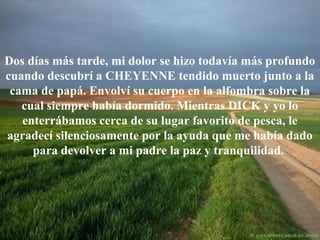 Dos días más tarde, mi dolor se hizo todavía más profundo
cuando descubrí a CHEYENNE tendido muerto junto a la
cama de papá. Envolví su cuerpo en la alfombra sobre la
cual siempre había dormido. Mientras DICK y yo lo
enterrábamos cerca de su lugar favorito de pesca, le
agradecí silenciosamente por la ayuda que me había dado
para devolver a mi padre la paz y tranquilidad.

 