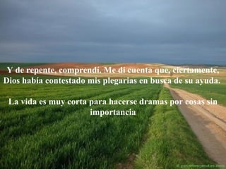 Y de repente, comprendí. Me di cuenta que, ciertamente,
Dios había contestado mis plegarias en busca de su ayuda.
La vida es muy corta para hacerse dramas por cosas sin
importancia

 