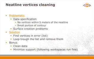 Neatline vertices cleaning
 Problematic
 Data specification
 No vertices within 5 meters of the neatline
 Small portion of contour
 Surface creation problems
 Solution
 Find vertices in error (list)
 Loop trough the list and remove them
 Bonus
 Clean data
 Minimize support (following workspaces run fine)
 