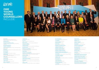 98
ONE
YOUNG
WORLD
COUNSELLORS
INCLUDE:
KOFI ANNAN
SEVENTH SECRETARY-GENERAL OF THE
UNITED NATIONS & NOBEL PEACE LAUREATE
SIR BOB GELDOF
MUSICIAN & ACTIVIST
PROFESSOR MUHAMMAD YUNUS
FOUNDER, GRAMEEN BANK & NOBEL PEACE PRIZE
LAUREATE
SIR RICHARD BRANSON
FOUNDER, VIRGIN GROUP
ARIANNA HUFFINGTON
CHAIR, PRESIDENT, EDITOR-IN-CHIEF, HUFFINGTON POST
MEDIA GROUP
RON GARAN
FORMER NASA ASTRONAUT & FOUNDER, FRAGILE OASIS
PAUL POLMAN
CEO, UNILEVER
SOL CAMPBELL
FORMER ENGLAND FOOTBALL CAPTAIN
BORIS BECKER
FORMER TENNIS WORLD NO.1, YOUNGEST-EVER MEN’S
SINGLES WIMBLEDON CHAMPION
JAMES CHAU
CCTV NEWS ANCHOR & UNAIDS GOODWILL
AMBASSADOR
RONAN DUNNE
CEO, TELEFÓNICA UK LIMITED
JAMIE OLIVER
CHEF, TV PERSONALITY & ACTIVIST
NATALIA VODIANOVA
MODEL & FOUNDER, NAKED HEART FOUNDATION
LAUREN BUSH
FOUNDER & CEO, FEED
LILY COLE
MODEL & FOUNDER, IMPOSSIBLE.COM
KATHY CALVIN
PRESIDENT & CEO, UNITED NATIONS FOUNDATION
CHRISTINE OCKRENT
JOURNALIST & WRITER
AHMED KATHRADA
FORMER POLITICIAN & ANTI-APARTHEID CAMPAIGNER
BLAKE MYCOSKIE
FOUNDER & CHIEF SHOE GIVER, TOMS
DAME ELLEN MACARTHUR
RECORD BREAKING SAILOR & FOUNDER, ELLEN
MACARTHUR FOUNDATION
JIMMY WALES
FOUNDER & CEO, WIKIPEDIA
PRESIDENT MARY ROBINSON
FIRST FEMALE PRESIDENT OF IRELAND & UN SECRETARY
GENERAL’S SPECIAL ENVOY FOR CLIMATE CHANGE
ANTONY JENKINS
FORMER CEO, BARCLAYS
PAUL LINDLEY
FOUNDER & CEO, ELLA’S KITCHEN & CEO, EARTH’S BEST
LORD MICHAEL HASTINGS
GLOBAL HEAD OF CITIZENSHIP, KPMG INTERNATIONAL
HANS REITZ
FOUNDER & MANAGING DIRECTOR, GRAMEEN CREATIVE
LAB
CAROLE STONE
CHAIRMAN OF ADVISORY BOARD, YOUGOV CAMBRIDGE
WILLIAM HEINECKE
CEO, CHAIRMAN MINOR CORPORATION
ALI HEWSON
ACTIVIST & BUSINESSWOMAN
MEGHAN MARKLE
SPOKESMODEL & ACTRESS
GARY WHITE
CEO & FOUNDER, WATER.ORG
PRESIDENT ALEJANDRO TOLEDO
FORMER PRESIDENT OF PERU
PRESIDENT VICENTE FOX
FORMER PRESIDENT OF MEXICO
PRESIDENT JORGE QUIROGA
FORMER PRESIDENT OF BOLIVIA
PRESIDENT ANDRÉS PASTRANA
FORMER PRESIDENT OF COLOMBIA
PRESIDENT NICOLÁS ARDITO-BARLETTA
FORMER PRESIDENT OF THE REPUBLIC OF PANAMA
JON LANDAU
OSCAR WINNING PRODUCER OF TITANIC & AVATAR
CARL-HENRIC SVANBERG
CHAIRMAN, BP & VOLVO
IVONNE A-BAKI
POLITICIAN, ARTIST & UNESCO GOODWILL AMBASSADOR
FATIMA BHUTTO
AUTHOR & ACTIVIST
JOHN SIMPSON CBE
WORLD AFFAIRS EDITOR, BBC
FATHER MUSSIE ZERAI
2015 NOBEL PEACE PRIZE NOMINEE
LI XIAOPENG
FOUR TIME OLYMPIC GOLD WINNING GYMNAST
STEVE WAUGH
FORMER AUSTRALIAN CRICKET CAPTAIN
EMMANUAL JAL
MUSICIAN & ACTIVIST
ANGELICA CHEUNG
EDITOR IN CHIEF, VOGUE CHINA
KEN KRAGEN
LEGENDARY POP MUSIC MANAGER
SUPHACHAI CHEARAVANONT
CEO, TRUE CORPORATION
ELIO LEONI-SCETI
INVESTOR & FORMER CEO, IGLO & EMI
ALEXANDRE MARS
FOUNDER & CEO, EPIC FOUNDATION
RICARDO TADEU
CEO, GRUPO MODELO
HOPE SOLO
USA GOALKEEPER, WORLD CUP WINNER & OLYMPIC
GOLD MEDALLIST
PRIME MINISTER ANAND PANYARACHUN
FORMER PRIME MINSTER OF THAILAND
PRESIDENT FIDEL VALDEZ RAMOS
FORMER PRESIDENT OF THE PHILIPPINES
PRESIDENT AMEENAH GURIB-FAKIM
FIRST FEMALE PRESIDENT OF MAURITIUS
LIYA KEBEDE
MODEL & MATERNAL HEALTH ADVOCATE
YANN ARTHUS – BERTRAND
PHOTOGRAPHER, REPORTER & ECOLOGIST
PRIME MINISTER MAHATHIR MOHAMAD
FORMER PRIME MINISTER OF MALAYSIA
 