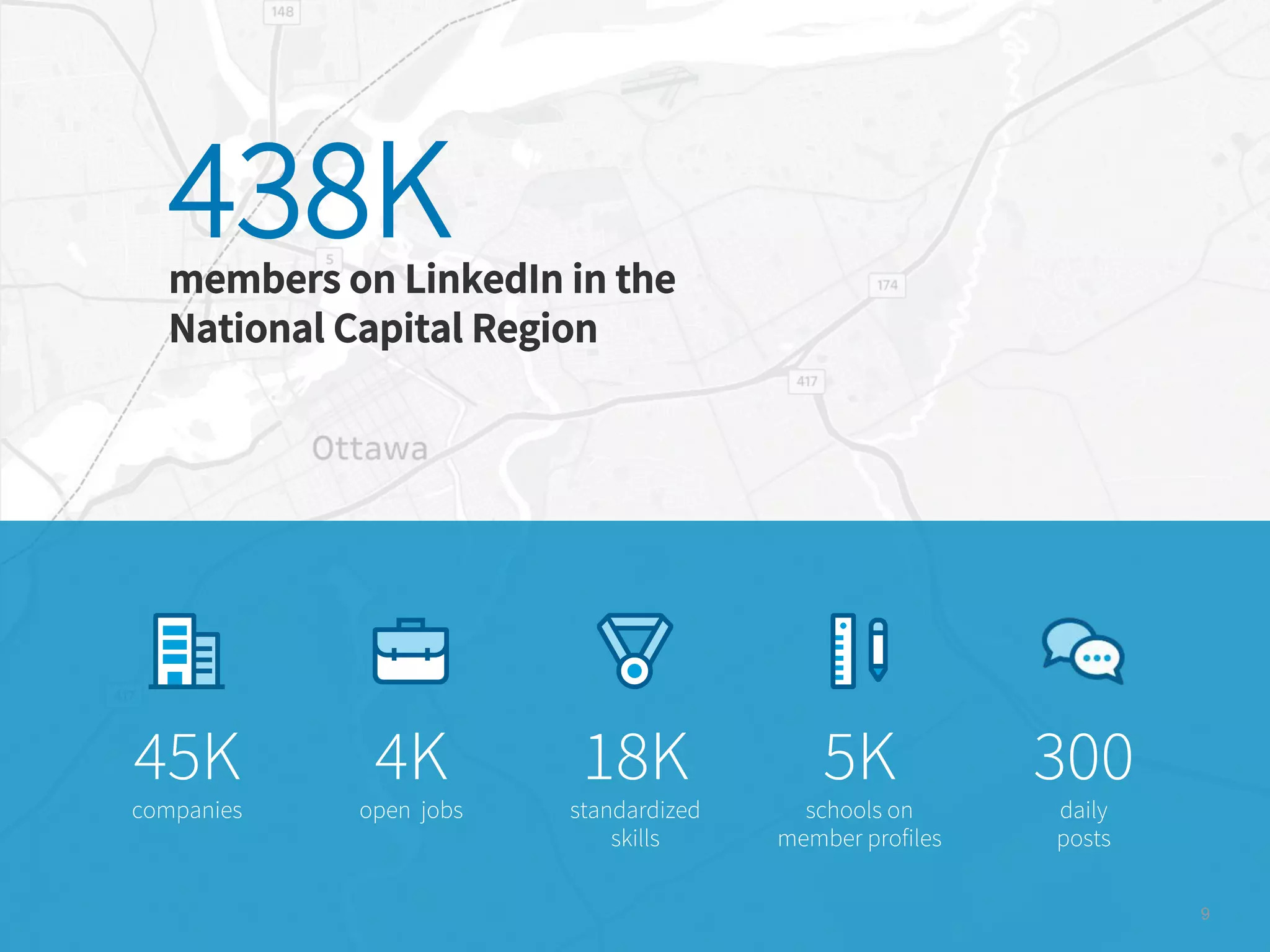 9
18K
standardized
skills
4K
open jobs
45K
companies
5K
schools on
member profiles
300
daily
posts
members on LinkedIn in the
National Capital Region
438K
 