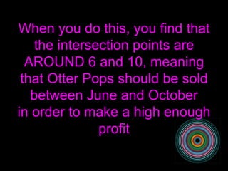 When you do this, you find that the intersection points are AROUND 6 and 10, meaning that Otter Pops should be sold between June and October in order to make a high enough profit 