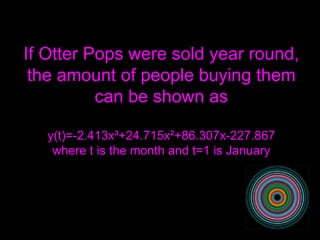If Otter Pops were sold year round, the amount of people buying them can be shown as y(t)=-2.413x ³ +24.715x ² +86.307x-227.867 where t is the month and t=1 is January 