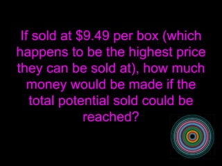 If sold at $9.49 per box (which happens to be the highest price they can be sold at), how much money would be made if the total potential sold could be reached? 