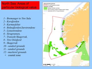 1 - Bremanger to Ytre Sula
2 - Korsfjorden
3 - Karmøyfeltet
4 - Boknafjorden/Jærstrendene
5 - Listastrendene
6 - Siragrunnen,
7 - Transekt Skagerrak,
8 - Ytre Oslofjord
9 - Skagerrak
10 - sandeel grounds
11 - sandeel grounds
12 - mackerel grounds
+ coastal zone
North Sea: Areas of
particular biological value
 