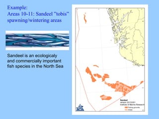 Example:
Areas 10-11: Sandeel ”tobis”
spawning/wintering areas
Sandeel is an ecologicaly
and commercially important
fish species in the North Sea
 