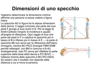 Dimensioni di uno specchio
Vogliamo determinare la dimensione minima
affinché una persona si possa vedere a figura
intera.
Lo specchio AD in figura ha le stesse dimensioni
della donna. Il raggio luminoso che parte dai suoi
piedi F giunge ai suoi occhi in E. Per la legge di
Snell-Cartesio l'angolo di incidenza è uguale
all'angolo di riflessione. Ogni raggio di luce che
parte dai piedi in F e colpisce lo specchio più in
basso di B è riflesso più in basso di E → la parte di
specchio AB non serve per la riflessione dell'intera
immagine, mentre BC=FE/2 (triangoli FBM=EMB
perché rettangoli, con BM in comune e θi
=θi
)
Analogamente, solo PC serve per riflettere la parte
superiore della testa della donna e PC=EH/2 →
l'altezza minima dello specchio è BC+PC=AD/2.
So osservi che il risultato non dipende dalla
distanza a cui si trova la persona.
 