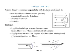 GLI SPECCHI CURVI 
Gli specchi curvi possono essere parabolici o sferici. Sono caratterizzati da: 
· asse ottico (asse di simmetria dello specchio) 
· un punto dell’asse ottico detto fuoco 
· un centro di curvatura 
· un vertice 
Proprietà: 
· i raggi luminosi che provengono da una sorgente 
posta nel fuoco sono riflessi parallelamente all’asse ottico 
· i raggi paralleli all’asse ottico vengono riflessi nel fuoco o in raggi i cui 
prolungamenti passano per il fuoco 
 