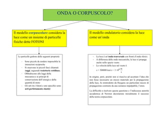 ONDA O CORPUSCOLO? 
Il modello corpuscolare considera la 
luce come un insieme di particelle 
fisiche dette FOTONI 
Il modello ondulatorio considera la luce 
come un’onda 
Le particelle godono delle seguenti proprietà: 
- Sono piccole da rendere impossibile le 
interazioni reciproche 
- Si muovono in piccoli fasci chiamati 
raggi, seguendo traiettorie rettilinee; 
- Obbediscono alle leggi della 
meccanica e ai principi di 
conservazione dell’energia e della 
quantità di moto 
- Gli urti tra i fotoni e uno specchio sono 
urti perfettamente elastici 
- La luce è un’onda trasversale con fronti d’onda sferici. 
- A differenza delle onde meccaniche, la luce si propaga 
anche nello spazio vuoto. 
- La velocità della luce nel vuoto è 
c = 300000 km/s = 
m 
s 
3×108 
In origine, però, poiché non si riusciva ad accettare l’idea che 
non fosse necessario un mezzo materiale per la propagazione 
della luce, fu reintrodotto da Huygens un particolare mezzo di 
propagazione costituito da una sostanza impalpabile, l’etere. 
La difficoltà a risolvere questa questione e l’indiscussa autorità 
accademica di Newton decretarono inizialmente il successo 
della teoria corpuscolare. 
 
