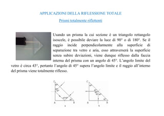 APPLICAZIONI DELLA RIFLESSIONE TOTALE 
Prismi totalmente riflettenti 
Usando un prisma la cui sezione è un triangolo rettangolo 
isoscele, è possibile deviare la luce di 90° o di 180°. Se il 
raggio incide perpendicolarmente alla superficie di 
separazione tra vetro e aria, esso attraverserà la superficie 
senza subire deviazioni, viene dunque riflesso dalla faccia 
interna del prisma con un angolo di 45°. L’angolo limite del 
vetro è circa 43°, pertanto l’angolo di 45° supera l’angolo limite e il raggio all’interno 
del prisma viene totalmente riflesso. 
 