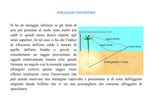 MIRAGGIO INFERIORE 
Si ha un miraggio inferiore se gli strati di 
aria più prossimi al suolo sono molto più 
caldi (e quindi meno densi) rispetto agli 
strati superiori. In tal caso si ha che l'indice 
di rifrazione dell'aria calda è minore di 
quello dell'aria fredda e perciò se 
consideriamo un raggio proveniente da 
oggetti relativamente lontani (che quindi 
formano un angolo con la normale superiore 
all'angolo critico) questo raggio viene 
riflesso totalmente verso l'osservatore che 
può quindi osservare una immagine capovolta e posizionata al di sotto dell'oggetto 
originale dando l'effetto che vi sia una pozzanghera che consente all'oggetto di 
specchiarsi. 
 