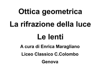 Ottica geometrica
La rifrazione della luce
Le lenti
A cura di Enrica Maragliano
Liceo Classico C.Colombo
Genova
 